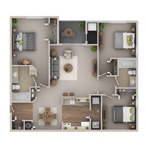 A top-down view of a house layout with a central living area, bedrooms, a kitchen, and bathrooms.