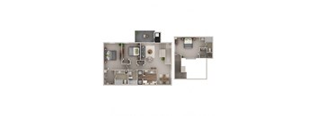 A 3D floor plan of a house with a kitchen, living room, and bedrooms.