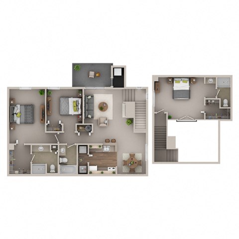 A 3D floor plan of a house with a kitchen, living room, and bedrooms.