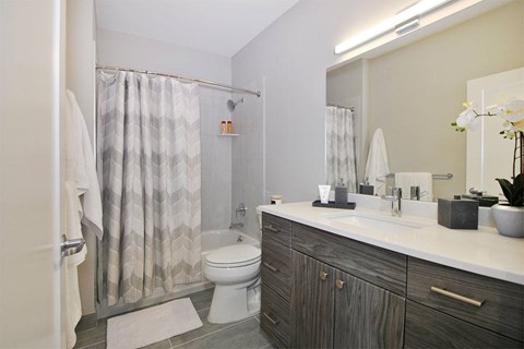 A bathroom with a toilet, sink, and shower curtain.