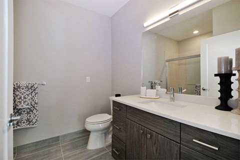 A bathroom with a toilet, sink, and mirror.