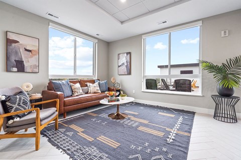 A living room with a brown couch, a wooden chair, a patterned rug, and a potted plant.