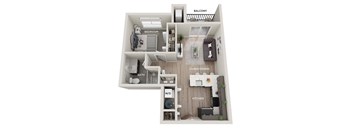 A 3D floor plan of a small apartment with a balcony, bedroom, living/dining area, kitchen, and bathroom.