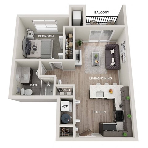 A 3D floor plan of a small apartment with a balcony, bedroom, living/dining area, kitchen, and bathroom.