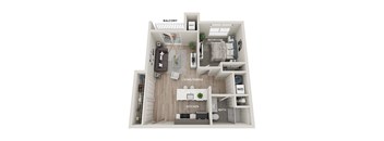 A floor plan of a small apartment with a kitchen, living room, and bathroom.