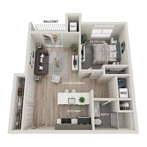 A floor plan of a small apartment with a kitchen, living room, and bathroom.