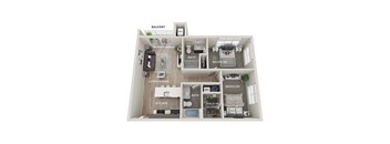 A diagram of a small apartment with a balcony, living room, dining room, kitchen, and three bedrooms.