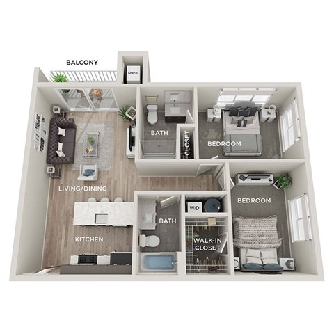 A diagram of a small apartment with a balcony, living room, dining room, kitchen, and three bedrooms.