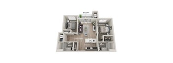 A diagram of a house layout with labeled rooms such as Bedroom, Bath, Kitchen, Living/Dining, Closet, and Balcony.