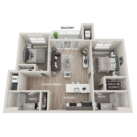 A diagram of a house layout with labeled rooms such as Bedroom, Bath, Kitchen, Living/Dining, Closet, and Balcony.