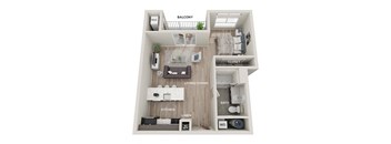 A diagram of a small apartment with a balcony, living room, kitchen, and bathroom.