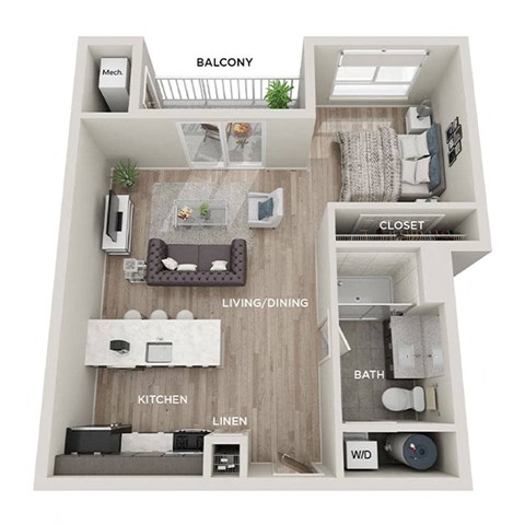 A diagram of a small apartment with a balcony, living room, kitchen, and bathroom.