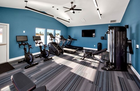 A gym with a variety of equipment including treadmills, stationary bikes, and a weight machine.