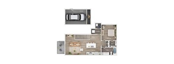 A floor plan of a house with a living room, kitchen, bedroom, bathroom, and garage.