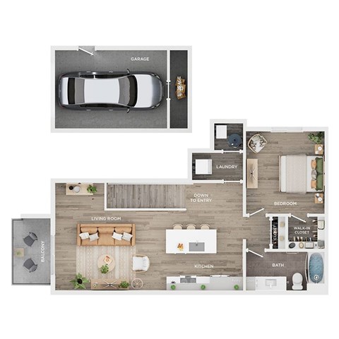 A floor plan of a house with a living room, kitchen, bedroom, bathroom, and garage.