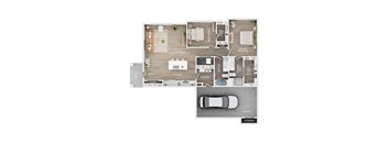 A floor plan of a house with a living room, kitchen, laundry, and garage.