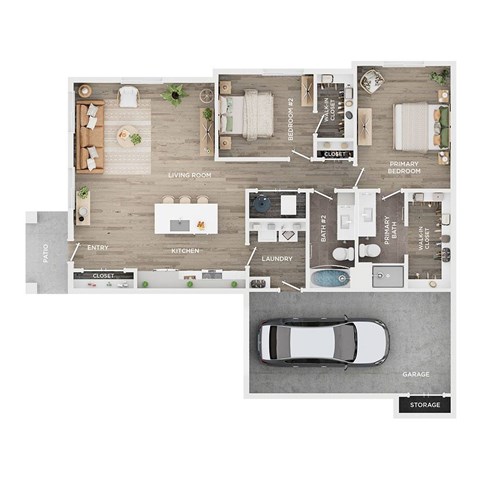 A floor plan of a house with a living room, kitchen, laundry, and garage.