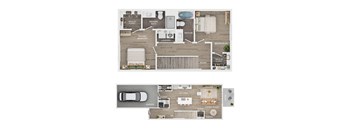 A floor plan of a house with two bedrooms, a garage, and a living area.