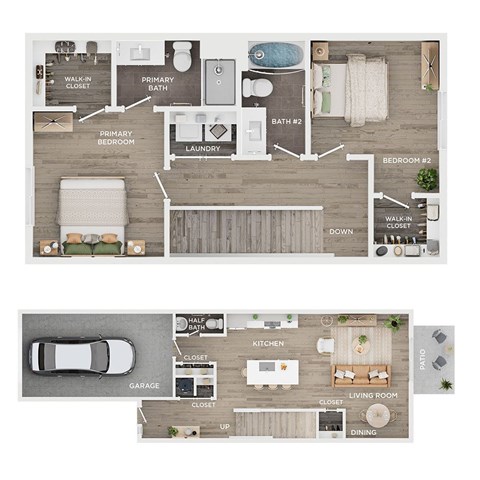 A floor plan of a house with two bedrooms, a garage, and a living area.