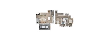 A floor plan of a house with a living room, kitchen, two bedrooms, a pantry, a laundry room, and a garage.