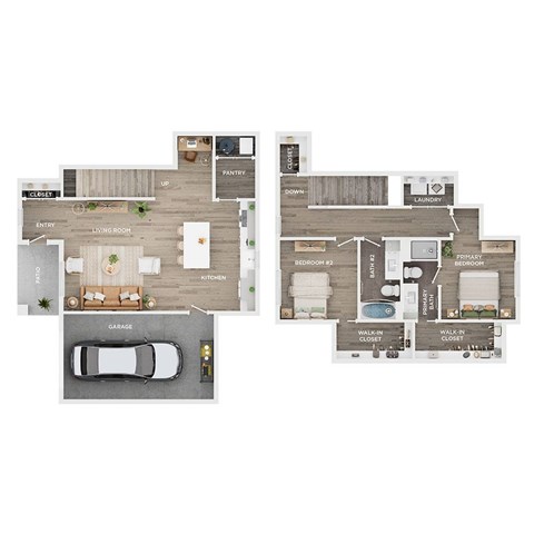 A floor plan of a house with a living room, kitchen, two bedrooms, a pantry, a laundry room, and a garage.