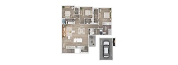 A floor plan of a house with a living room, kitchen, dining room, and multiple bedrooms.