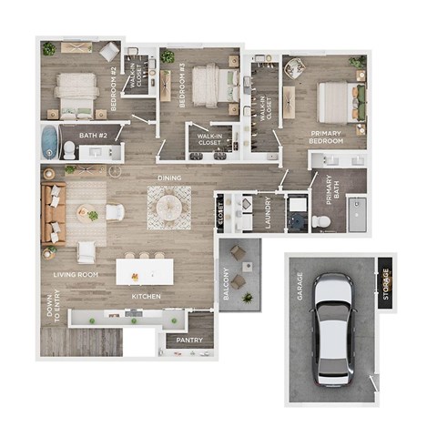 A floor plan of a house with a living room, kitchen, dining room, and multiple bedrooms.