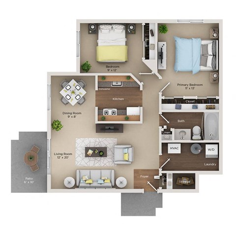 2 bed 1 bath apartment floor plan