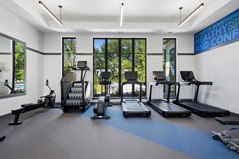 A gym with treadmills, exercise bikes, and other equipment.