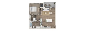A floor plan of a house showing a bedroom, living room, kitchen, bathroom, and balcony.
