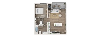 A floor plan of a house showing a bedroom, living room, kitchen, bathroom, and balcony.