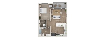 A floor plan of a house with a balcony, bedroom, living room, kitchen, and bathroom.