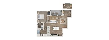 A floor plan of a house with a bedroom, living room, kitchen, and bathroom.
