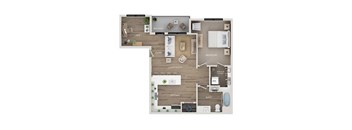 A floor plan of a house with a balcony, living room, kitchen, bathroom, and bedrooms.