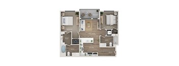 A floor plan of a house with a balcony, two bedrooms, a living room, a kitchen, a bathroom, and an entry.