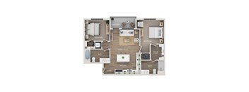 A floor plan of a home showing a living room, two bedrooms, a kitchen, a bathroom, and a balcony.