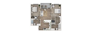 A floor plan of a house with two bedrooms, a living room, a kitchen, a bathroom, and a balcony.
