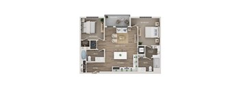 A floor plan of a home showing a living room, kitchen, and three bedrooms.