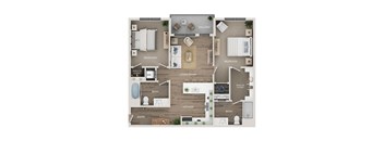 A floor plan of a house with a balcony, two bedrooms, a living room, a kitchen, two bathrooms, and an entry.