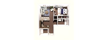 A floor plan of a small apartment with a kitchen, living room, and bathroom.