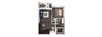 A top-down view of a room with a bed, a couch, a table, and a TV.