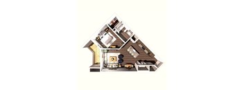 A top-down view of a house interior with a living room, kitchen, and dining area.