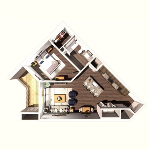 A top-down view of a house interior with a living room, kitchen, and dining area.