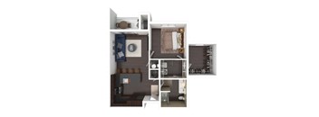 A top-down view of a small apartment with a bedroom, living room, and kitchen.