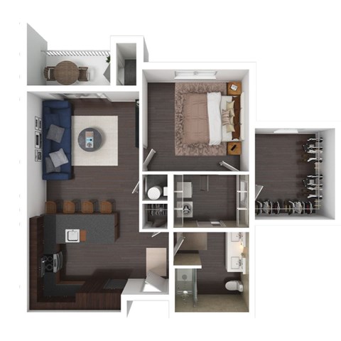 A top-down view of a small apartment with a bedroom, living room, and kitchen.