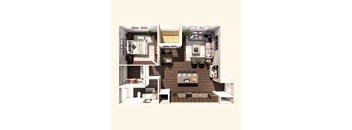 A 3D floor plan of a small apartment with a kitchen, living room, and bathroom.