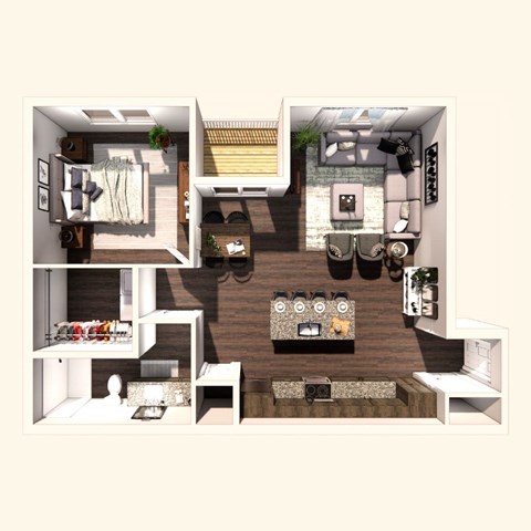 A 3D floor plan of a small apartment with a kitchen, living room, and bathroom.