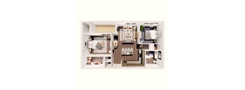 A top-down view of a small apartment with a kitchen, living room, and bedroom.