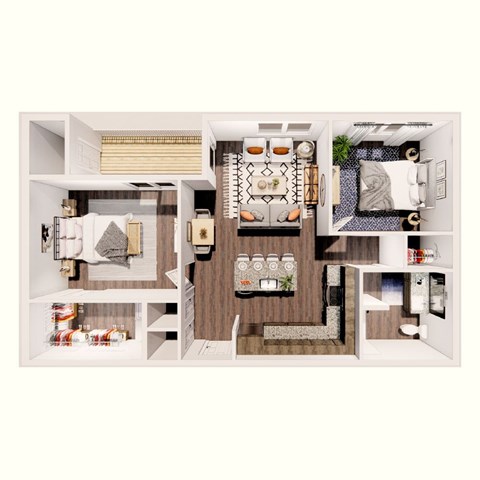 A top-down view of a small apartment with a kitchen, living room, and bedroom.