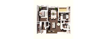 A top down view of a small apartment with a kitchen, living room, and bathroom.